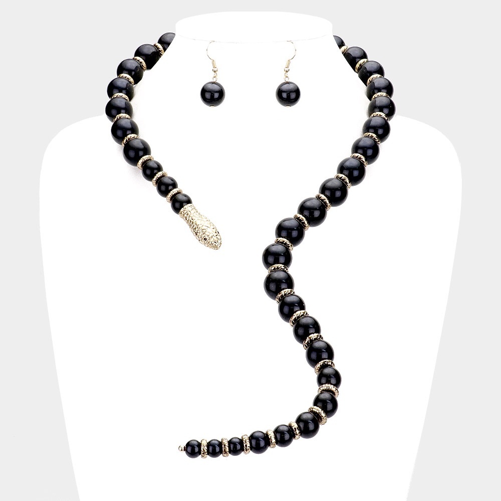 Gold Pearl Beaded Snake Open Statement Necklace Set